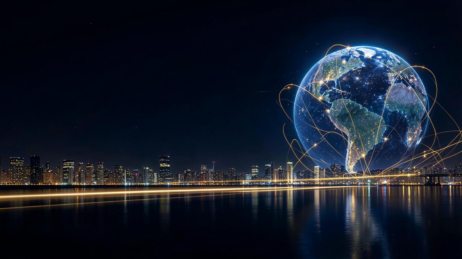 Glowing globe with golden network arcs above a night city skyline