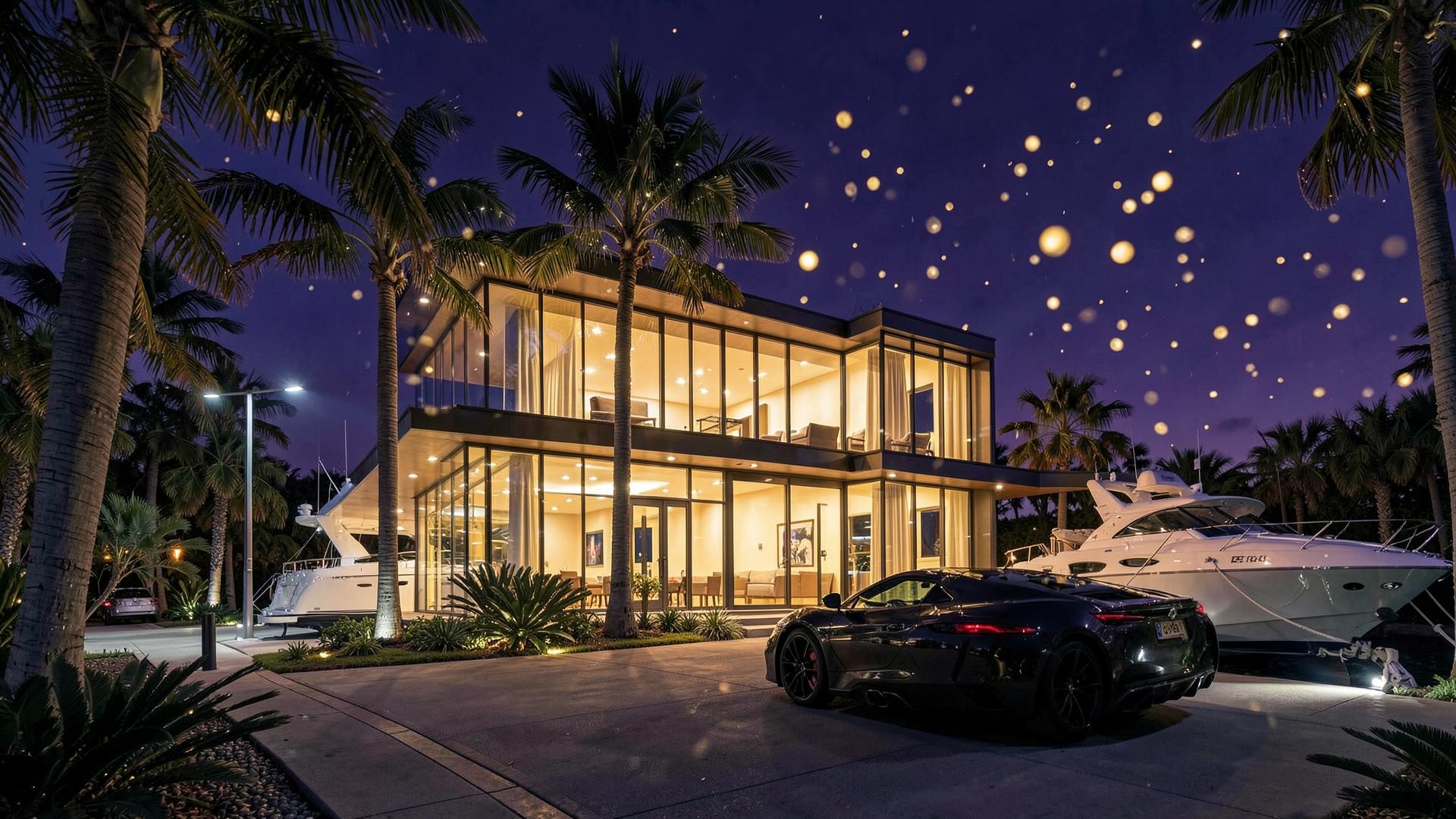 Luxury glass mansion with yacht and sports car glowing gold at night