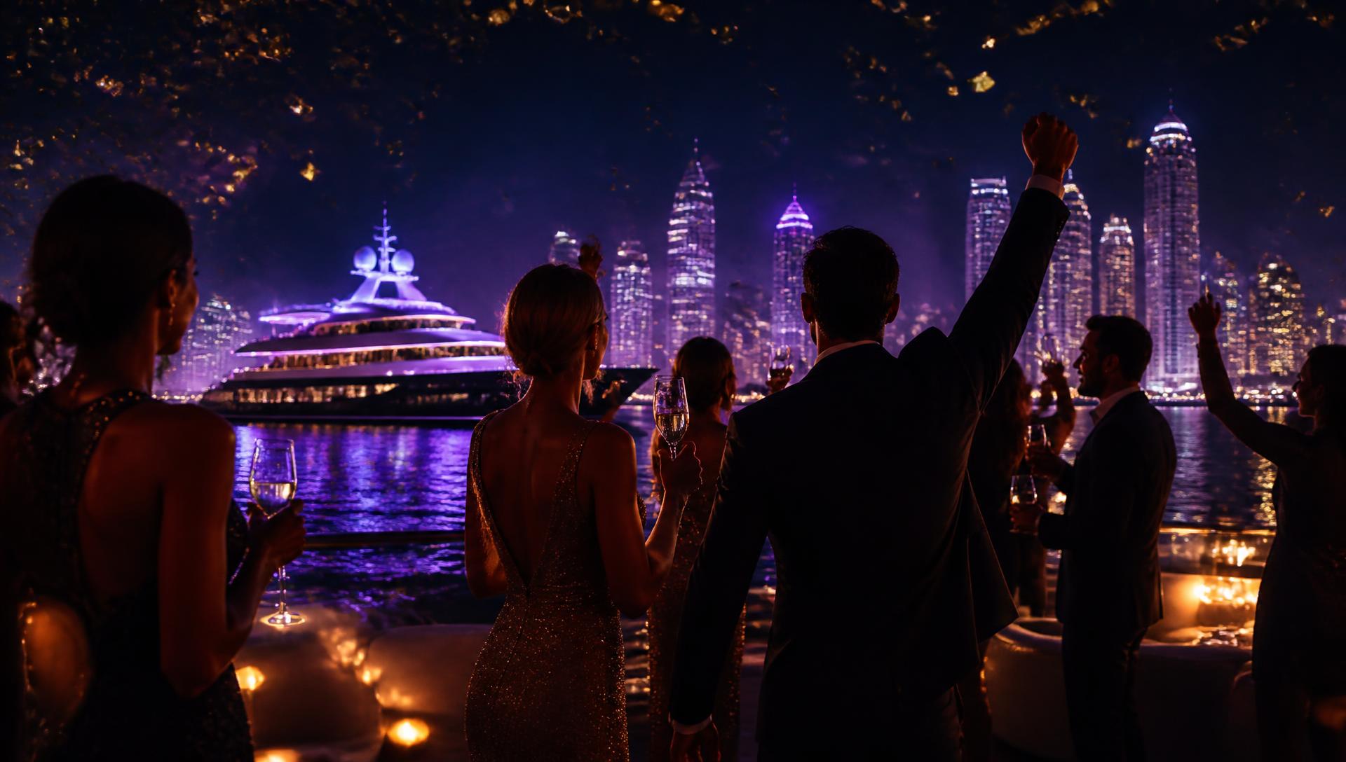 Guests celebrating on a waterfront with a superyacht and city skyline at night