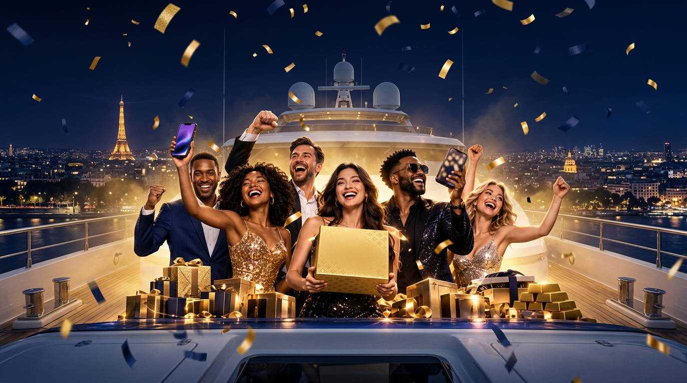 PrizeOne Million winners celebrating with gold confetti, cash and luxury prizes against a night skyline