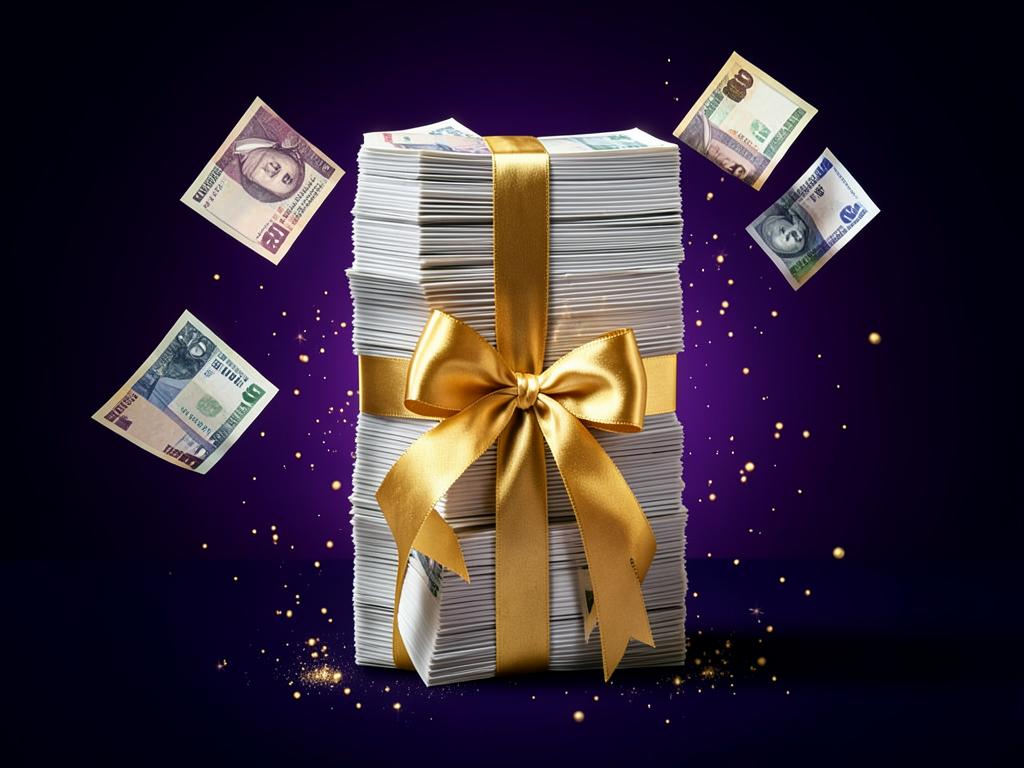 Bundles of cash wrapped in gold ribbon